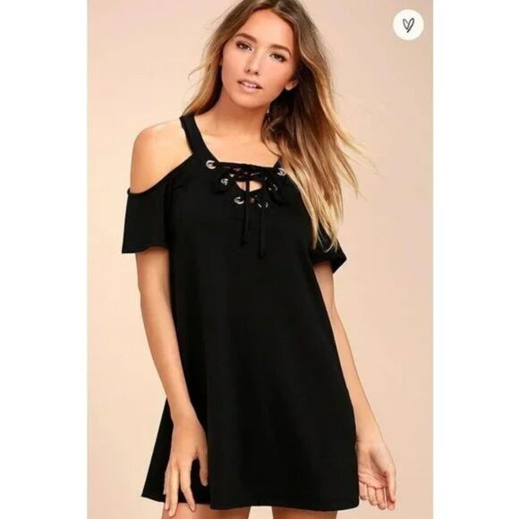 LULUS Womens Dress Small Black Pullover Mini Shift Cold Shoulder Lace Up SHIRINA - Picture 1 of 10
